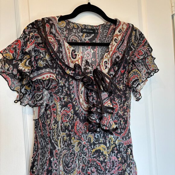 Sheer Paisley Ruffle Blouse Boho Tie-Front Top Size Medium - Picture 2 of 8